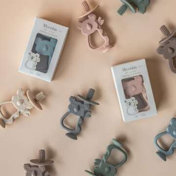 Moonkie Teething Toy, Safe & Easy to Hold BPA Free Silicone Teethers, 360° Baby Toothbrush with Suction Base, Teether Toys Best for Babies 6-12 Months (Koala Warm Taupe)