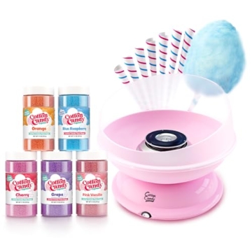 Cotton Candy Express CC1000-S Cotton Candy Machine, with 5 - 11oz. Jars of Cherry, Grape, Blue Raspberry, Orange, Pink Vanilla Floss Sugar & 50 Paper Cones Easy to Use and Clean