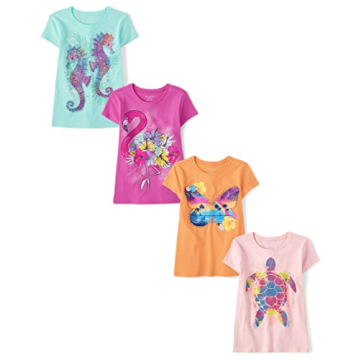 The Children's Place Girls Short Sleeve Graphic T-Shirts - Hawaiian Animals 4-Pack Large