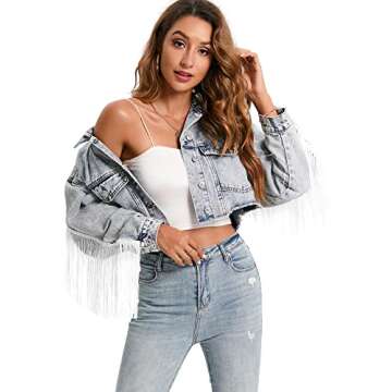 Justalwart Fringe Jean Jacket Women Cropped Denim Jacket,Acid Blue Washed (16-18 US)