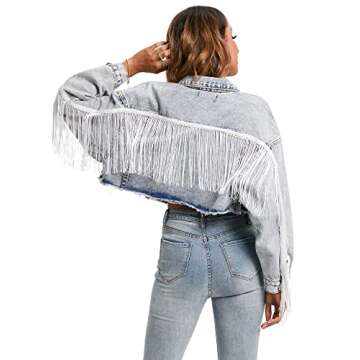 Justalwart Fringe Jean Jacket Women Cropped Denim Jacket,Acid Blue Washed (16-18 US)