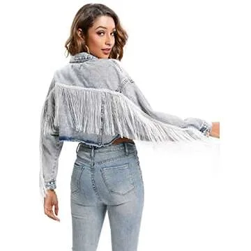 Justalwart Fringe Jean Jacket Women Cropped Denim Jacket,Acid Blue Washed (16-18 US)