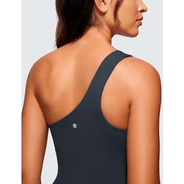 CRZ YOGA Butterluxe One Shoulder Athletic Rompers for Women Removable Padded Shorts Jumpsuit One Piece Stretchy Bodysuit True Navy Small