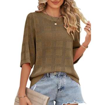 Dokotoo Womens Fashion Juniors Spring Summer Tops Shirts and Blouses for Women 2025 Pullover Sweaters T-Shirts 3/4 Sleeve Tunic Tops Hollow Out Crewneck Loose Tee Shirts Brown Medium