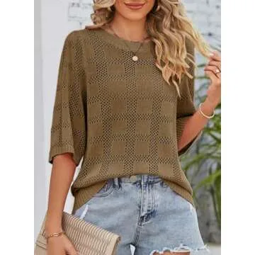 Dokotoo Womens Fashion Juniors Spring Summer Tops Shirts and Blouses for Women 2025 Pullover Sweaters T-Shirts 3/4 Sleeve Tunic Tops Hollow Out Crewneck Loose Tee Shirts Brown Medium