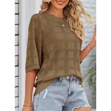 Dokotoo Womens Fashion Juniors Spring Summer Tops Shirts and Blouses for Women 2025 Pullover Sweaters T-Shirts 3/4 Sleeve Tunic Tops Hollow Out Crewneck Loose Tee Shirts Brown Medium
