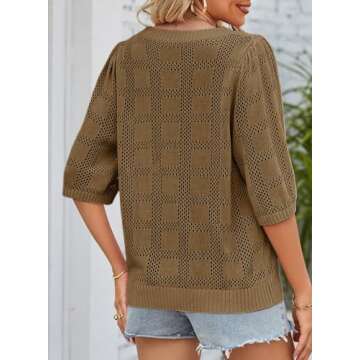 Dokotoo Womens Fashion Juniors Spring Summer Tops Shirts and Blouses for Women 2025 Pullover Sweaters T-Shirts 3/4 Sleeve Tunic Tops Hollow Out Crewneck Loose Tee Shirts Brown Medium