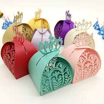 WOMHOPE 50 Pcs - European Style Crown Lock Hollow Laser Cut Wedding Candy Box Chocolate Candy Wrappers Holders Party Favors for Bridal Shower,Wedding,Party,Birthday (Silver(Reflect Light))