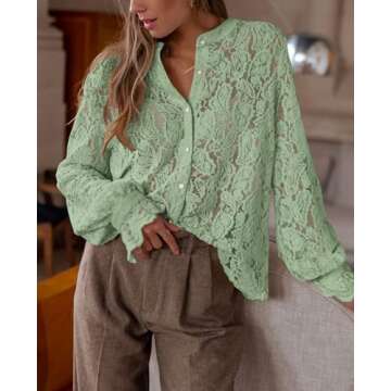 PRETTYGARDEN Women's Dressy Casual Lace Blouse Long Sleeve Button Up Shirts Tops Fall Fashion Clothes (Dusty Green,Medium)