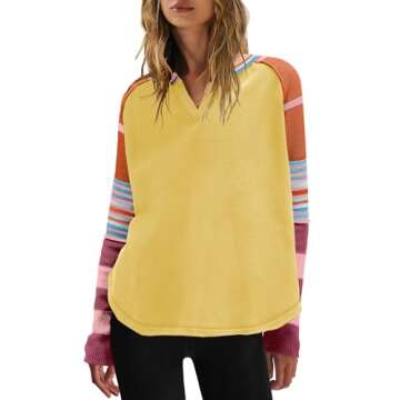 Panadila Womens Striped Long Sleeve Shirt Color Block Raglan Shirt V Neck Patchwork Pullover Tops Ca...