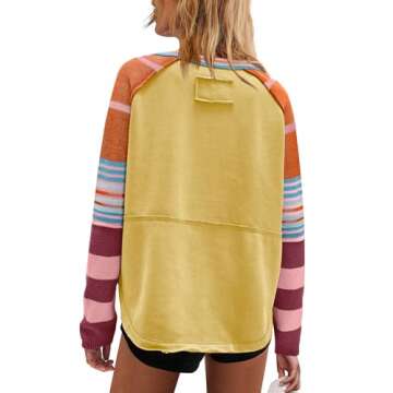 Panadila Womens Striped Long Sleeve Shirt Color Block Raglan Shirt V Neck Patchwork Pullover Tops Casual Cute Top(Yellow,S)