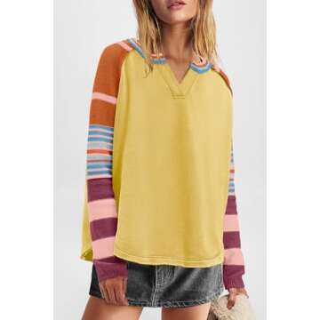 Panadila Womens Striped Long Sleeve Shirt Color Block Raglan Shirt V Neck Patchwork Pullover Tops Casual Cute Top(Yellow,S)