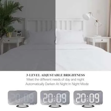 Miowachi Digital Alarm Clock,Large Mirrored LED Clock,Snooze,Dim Night Light 2 USB Charger Ports Desk Alarm Clocks for Bedroom Decor (Black)