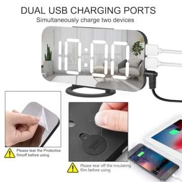 Miowachi Digital Alarm Clock,Large Mirrored LED Clock,Snooze,Dim Night Light 2 USB Charger Ports Desk Alarm Clocks for Bedroom Decor (Black)