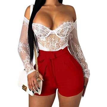 GOBLES Womens Summer Casual Shorts High Waist Ruffle Bow Tie Shorts Red