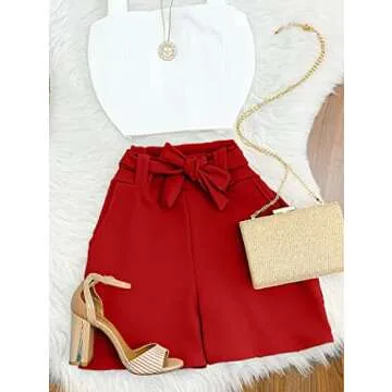 GOBLES Womens Summer Casual Shorts High Waist Ruffle Bow Tie Shorts Red
