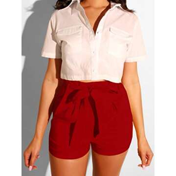 GOBLES Womens Summer Casual Shorts High Waist Ruffle Bow Tie Shorts Red