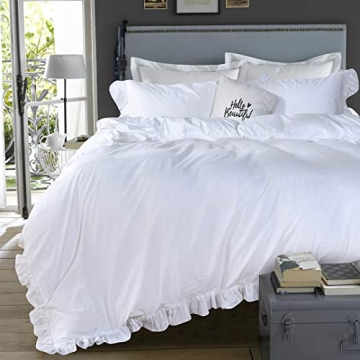 QSH White Ruffle Duvet Cover Queen 100% Washed Cotton Farmhouse Shabby Boho Chic Bedding Comforter Q...