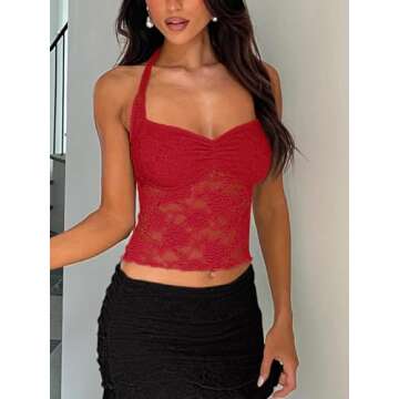 REORIA Women's Lace Basic Tops for Women Halter Sexy Going Out Tank Crop Y2K Fashion Summer Top 2025 Trendy Red Small