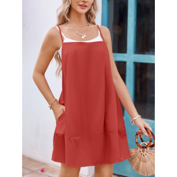 Fisoew Oversized Spaghetti Strap Summer Mini Dress for Women