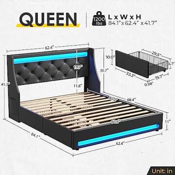 Rolanstar Queen Bed Frame with LED Lights & USB Charging
