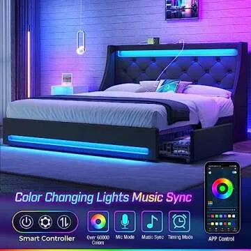 Rolanstar Queen Bed Frame with LED Lights & USB Charging