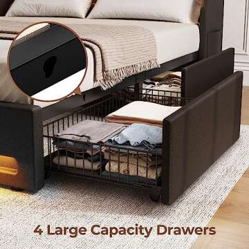 Rolanstar Queen Bed Frame with LED Lights & USB Charging