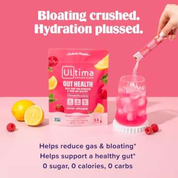 Ultima Replenisher Gut Health Supplement and Electrolytes Powder - Raspberry Lemonade, 14 Stickpacks - Hydration Packets with Added Gut Health Benefits