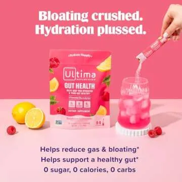 Ultima Replenisher Gut Health Supplement and Electrolytes Powder - Raspberry Lemonade, 14 Stickpacks - Hydration Packets with Added Gut Health Benefits