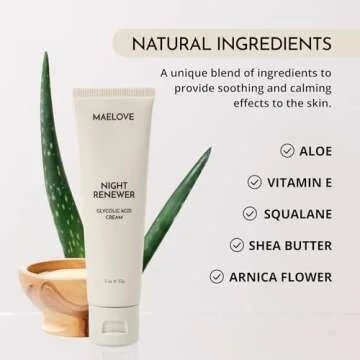 MAELOVE Night Renewer, Glycolic Acid Cream, Anti-Aging, Unscented AHA Exfoliating Night Cream, Gentle for Sensitive Skin, Researched & Manufactured in USA, Gluten-Free, 2.0 fl oz