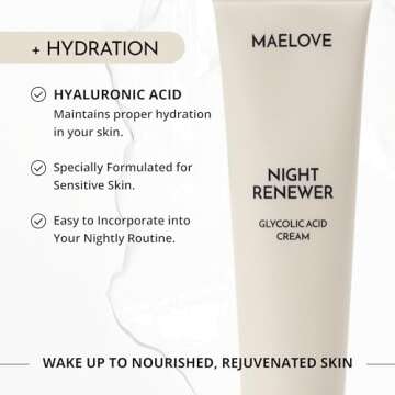 MAELOVE Night Renewer, Glycolic Acid Cream, Anti-Aging, Unscented AHA Exfoliating Night Cream, Gentle for Sensitive Skin, Researched & Manufactured in USA, Gluten-Free, 2.0 fl oz