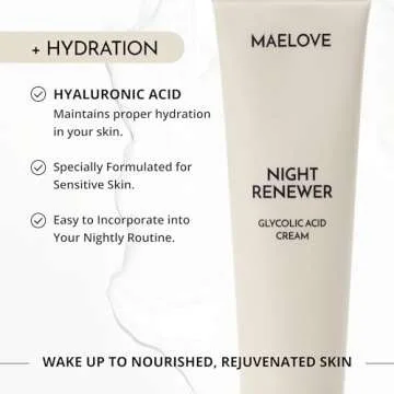 MAELOVE Night Renewer, Glycolic Acid Cream, Anti-Aging, Unscented AHA Exfoliating Night Cream, Gentle for Sensitive Skin, Researched & Manufactured in USA, Gluten-Free, 2.0 fl oz