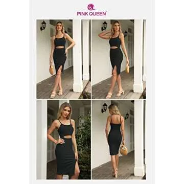 Pink Queen Women's Sexy Cutout Bodycon Dress Spaghetti Strap Formal Party Cocktail Ribbed Midi Dresses Black S
