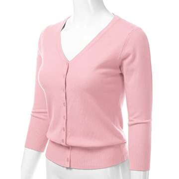 danibe Women's 3/4 Sleeve V-Neck Button Down Knit Sweater Soft Cardigan Pink L