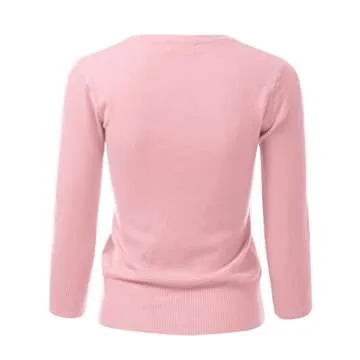 danibe Women's 3/4 Sleeve V-Neck Button Down Knit Sweater Soft Cardigan Pink L