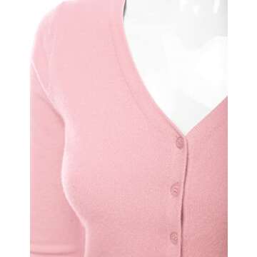 danibe Women's 3/4 Sleeve V-Neck Button Down Knit Sweater Soft Cardigan Pink L