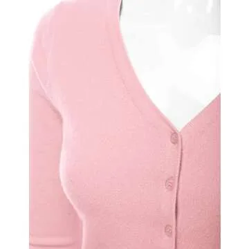 danibe Women's 3/4 Sleeve V-Neck Button Down Knit Sweater Soft Cardigan Pink L