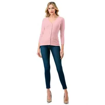 danibe Women's 3/4 Sleeve V-Neck Button Down Knit Sweater Soft Cardigan Pink L