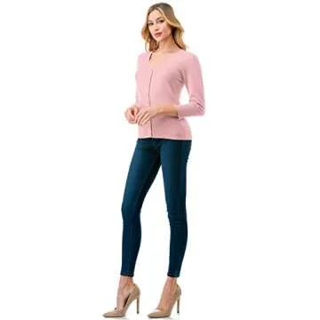 danibe Women's 3/4 Sleeve V-Neck Button Down Knit Sweater Soft Cardigan Pink L