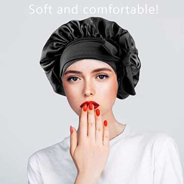 QMSILR Silk Bonnet Satin Bonnet for Women Sleeping Stay on Adjustable Wide Band Hair Bonnet Elastic Silk Head Hat Night Cap for Curly Hair Black