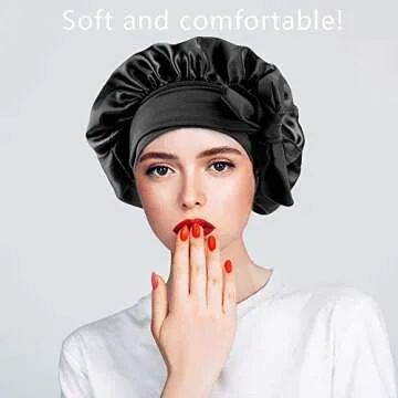QMSILR Silk Bonnet Satin Bonnet for Women Sleeping Stay on Adjustable Wide Band Hair Bonnet Elastic Silk Head Hat Night Cap for Curly Hair Black