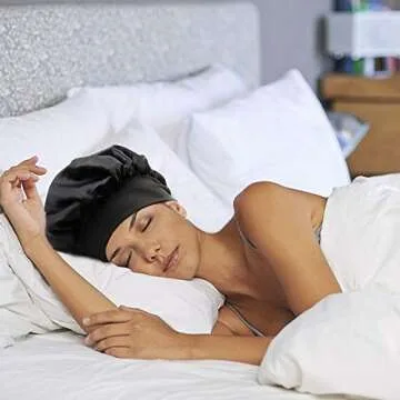 QMSILR Silk Bonnet Satin Bonnet for Women Sleeping Stay on Adjustable Wide Band Hair Bonnet Elastic Silk Head Hat Night Cap for Curly Hair Black