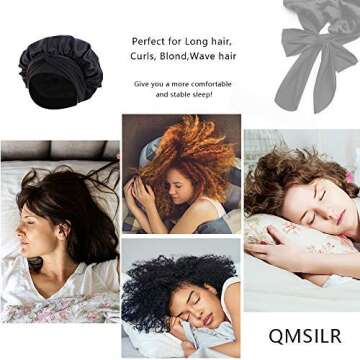 QMSILR Silk Bonnet Satin Bonnet for Women Sleeping Stay on Adjustable Wide Band Hair Bonnet Elastic Silk Head Hat Night Cap for Curly Hair Black