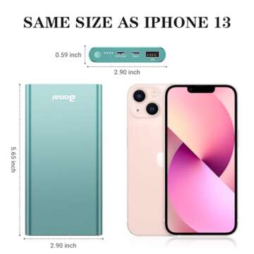 BONAI Portable Charger 12,000mAh 5V/3A Fast Charging Power Bank, Dural Input & Output Ports (USB-C in & Out) Portable Phone Charger for iPhone 15/14/13/12 Series Galxy Android iPad etc - Mint