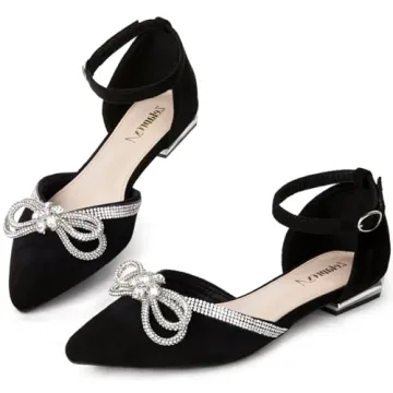 Zelaprox Women's Black Pointed Toe Flats with Rhinestone Bow