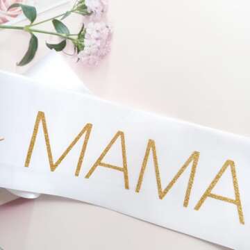 Magnusson's Garden Baby Mama Sash for Baby Shower, Mommy to Be Sash for Gender Reveal, Boy or Girl, Pink or Blue, He or She Baby Sex Reveal Decorations, New Mom Gifts for Women, White