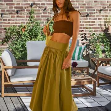 Women Y2k Bubble Maxi Skirt Summer Elastic Low Waist A Line Long Skirt Casual Fairy Ruffle Pleated Midi Dress Green