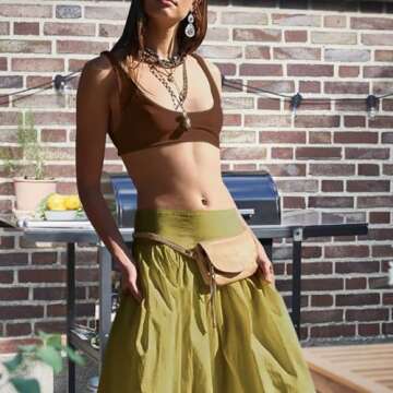 Women Y2k Bubble Maxi Skirt Summer Elastic Low Waist A Line Long Skirt Casual Fairy Ruffle Pleated Midi Dress Green