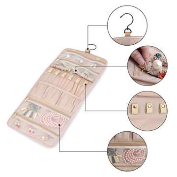 BAGSMART Travel Hanging Jewelry Organizer Case Foldable Jewelry Roll with Hanger for Journey-Rings, Necklaces, Bracelets, Earrings, Soft Pink