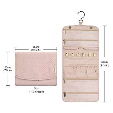 BAGSMART Travel Hanging Jewelry Organizer Case Foldable Jewelry Roll with Hanger for Journey-Rings, Necklaces, Bracelets, Earrings, Soft Pink